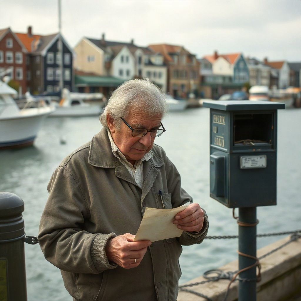 Retired postman reading an old letter by the harbor